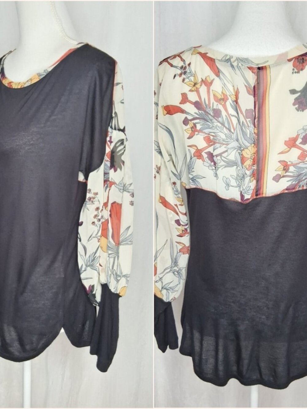Tiny Raye Floral Top Balloon Sleeves Mixed Media Knit Chiffon